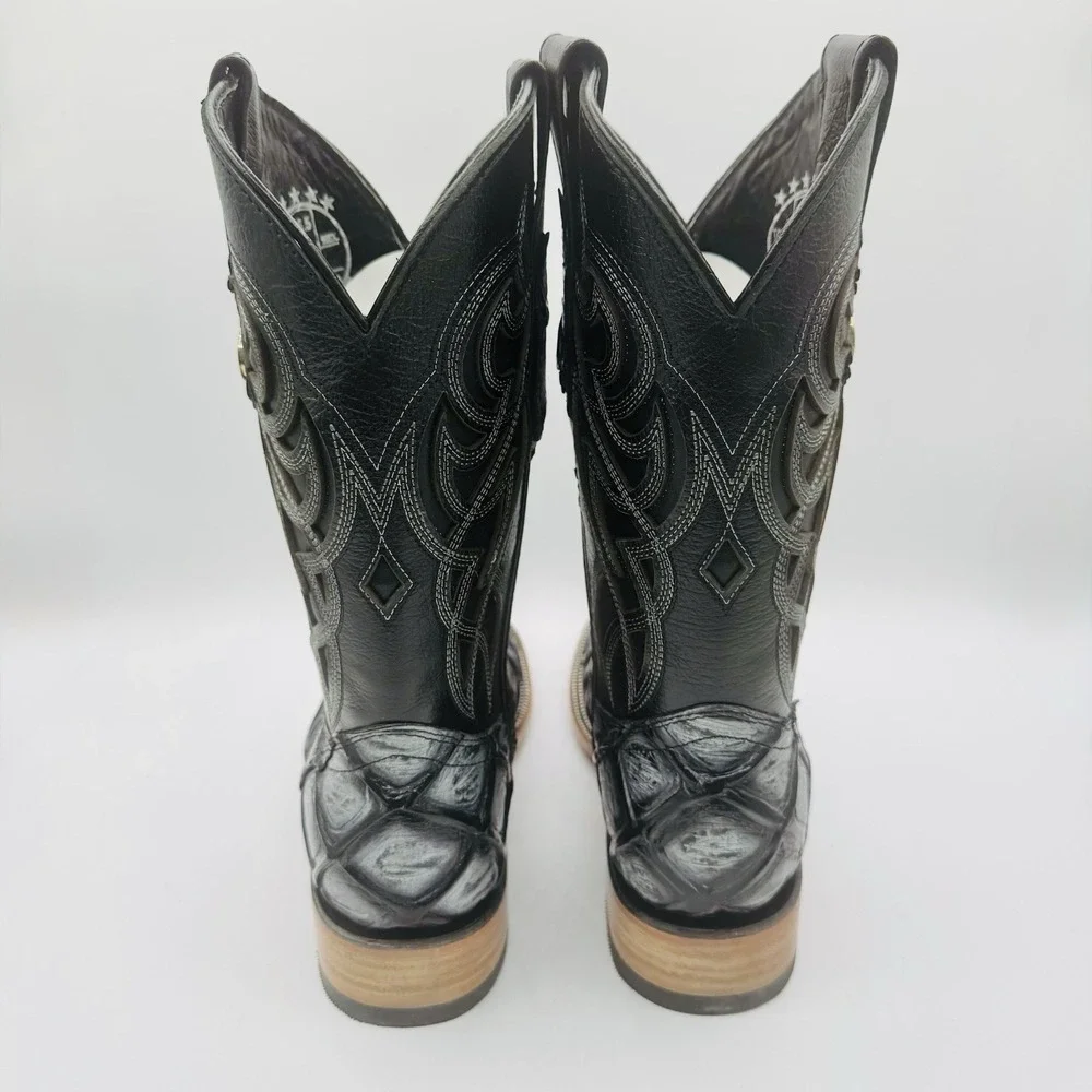 Rock'em Big Bass Print Boots Men's Size 7.5 EE‎ Black Leather  Square Toe